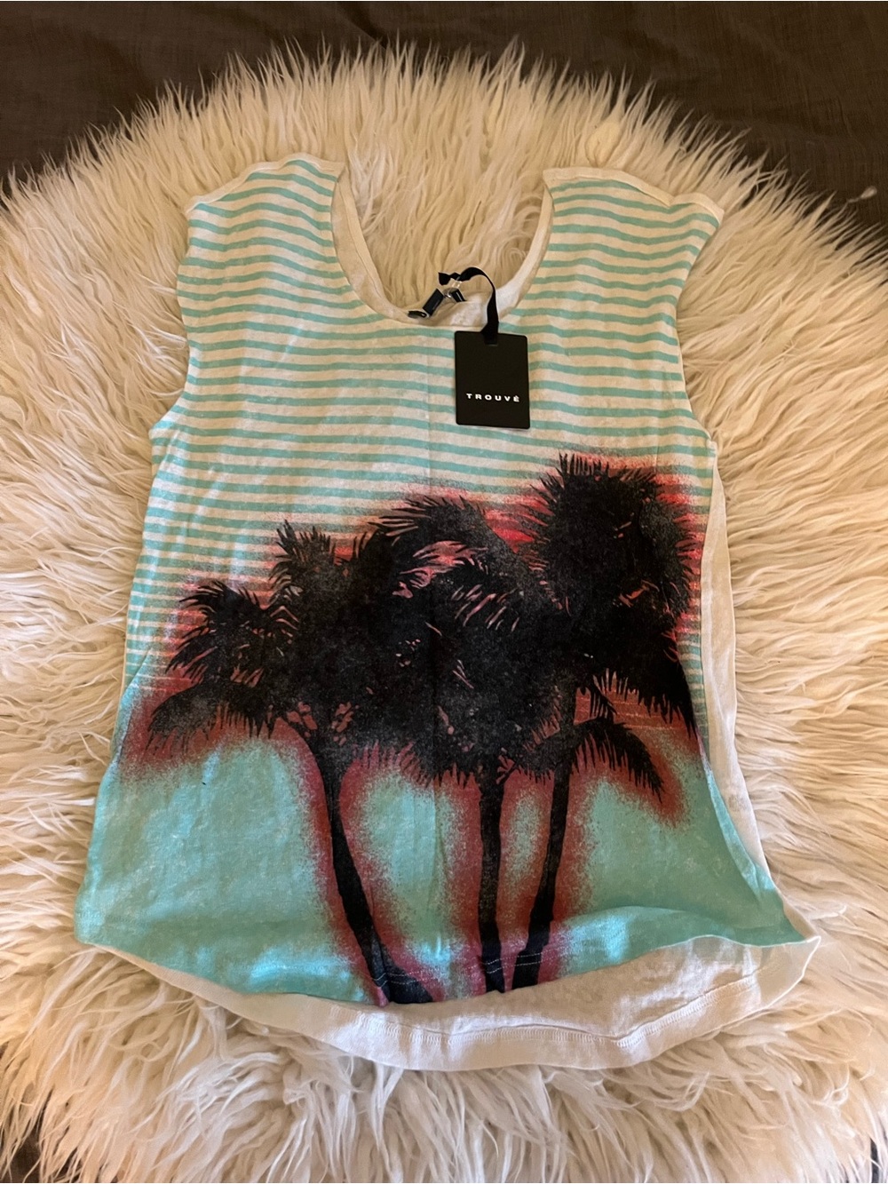 NWT Trouve Teal and White Striped Palm-Print Sleeveless Top Size Medium